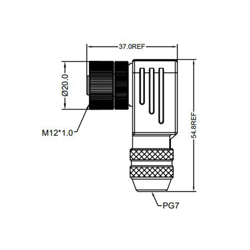 M12 3pins A code female right angle metal assembly connector PG7 thread,shielded,brass with nickel plated housing,suitable cable diameter 4.0mm-6.0mm